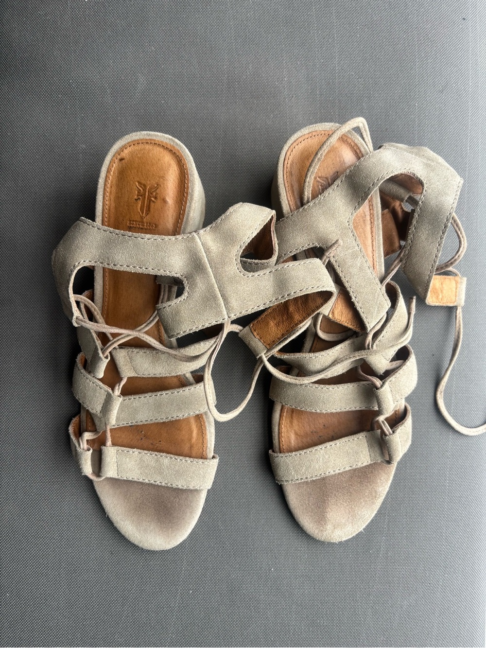 FRYE Taupe Suede Lace-Up Block Heel Sandals